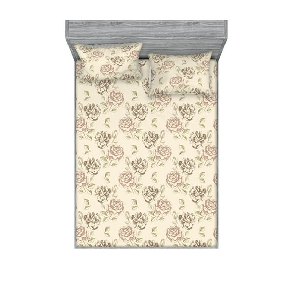 Flowers Vintage Fitted Sheet & Pillow Sham Set, Delicate Blooming Rose Floral Pattern with Leaves Sketch Print, Decorative Printed 3 Piece Bedding Decor, Full, Pale Mauve Taupe Peach, by Ambesonne