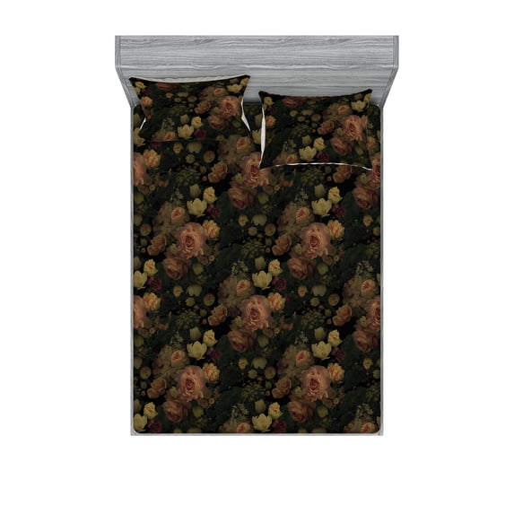 Flowers Vintage Fitted Sheet & Pillow Sham Set, Night Themed Rose Floral Pattern with Gothic Atmosphere Print, Decorative Printed 3 Piece Bedding Decor, Calking, Pale Ruby and Pale Green, by Ambesonne