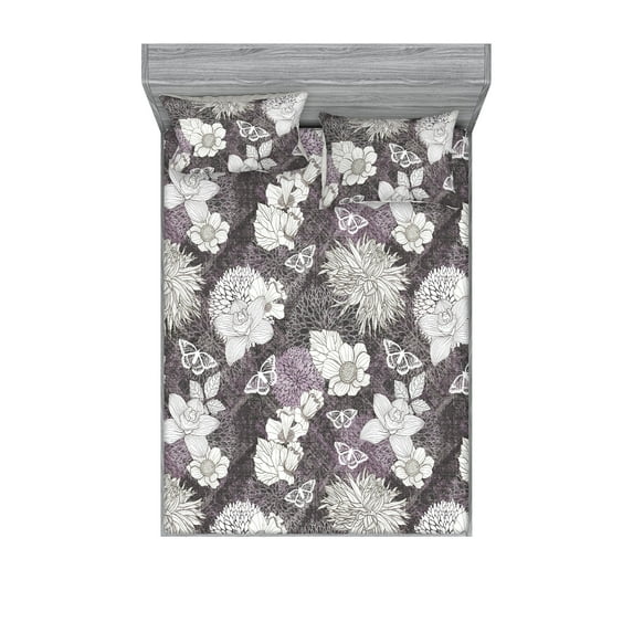 Flowers Vintage Fitted Sheet & Pillow Sham Set, Outline Drawing Floral Pattern with Butterflies Dahlia Orchid, Decorative Printed 3 Piece Bedding Decor, Full, Off White Lilac Taupe, by Ambesonne