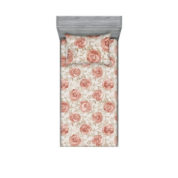 Flowers Vintage Fitted Sheet & Pillow Sham Set, Repetitive Bohemian Rose Pattern With Leaves Greenery Garden Art, Decorative Printed 2 Piece Bedding Decor, Twin, Pale Rose Eggshell, by Ambesonne