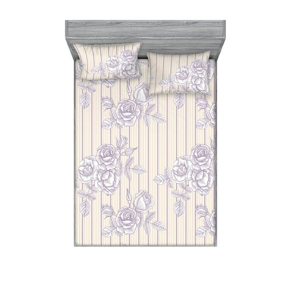 Flowers Vintage Fitted Sheet & Pillow Sham Set, Retro Design of Vertical Striped Back With Boho Rose Sketch Art, Decorative Printed 3 Piece Bedding Decor, King, Pale Lavender Cream, by Ambesonne