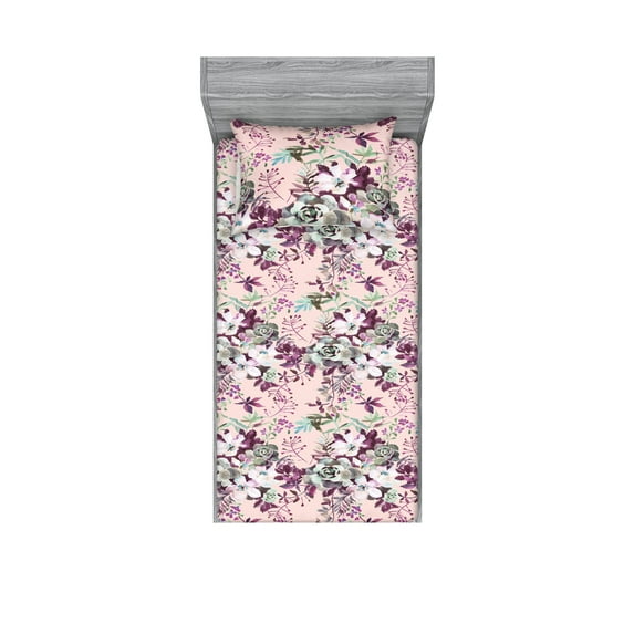 Flowers Vintage Fitted Sheet & Pillow Sham Set, Romantic Themed Dreamy Aura Floral Design with Leaves Print, Decorative Printed 2 Piece Bedding Decor, Twin, Laurel Green and Eggplant, by Ambesonne