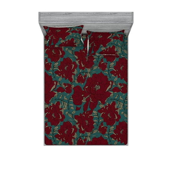 Flowers Vintage Fitted Sheet & Pillow Sham Set, Simple Design Simple Drawn Rose Floral Pattern Boho Pattern, Decorative Printed 3 Piece Bedding Decor, Calking, Sea Green and Burgundy, by Ambesonne