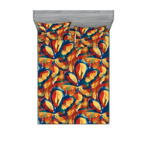 Flowers Vintage Fitted Sheet & Pillow Sham Set, Simple Design Modern Brush Strokes Floral Design Garden Scene Print, Decorative Printed 3 Piece Bedding Decor, King, Mustard Dark Pink, by Ambesonne