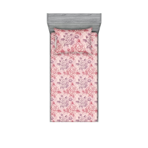 Flowers Vintage Fitted Sheet & Pillow Sham Set, Sketch Style Rose Pattern Romantic Feelings Retro Artwork Boho, Decorative Printed 2 Piece Bedding Decor, Twinxl, Pale Eggplant Dark Pink, by Ambesonne