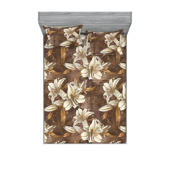 Flowers Vintage Fitted Sheet & Pillow Sham Set, Tropical Jungle Boho Inspired Lily Pattern on Grunge Back, Decorative Printed 3 Piece Bedding Decor, Queen, Dark Rosewood and Champagne, by Ambesonne