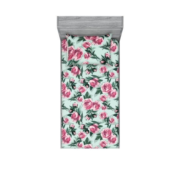 Flowers Vintage Fitted Sheet & Pillow Sham Set, Vintage Feels Delicate Rose Pattern with Leaves Greenery Art, Decorative Printed 2 Piece Bedding Decor, Twin, Almond Green Magenta Teal, by Ambesonne
