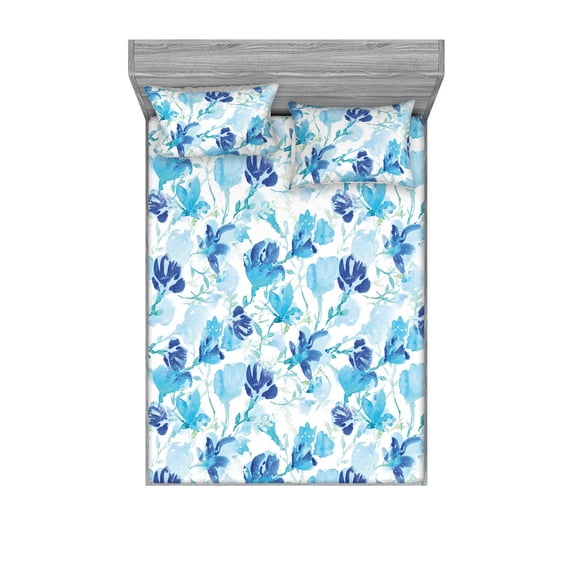 Flowers Vintage Fitted Sheet & Pillow Sham Set, Watercolor Design Floral Boho Silhouettes with Winter Colors, Decorative Printed 3 Piece Bedding Decor, Full, Sea Blue Lime Green White, by Ambesonne