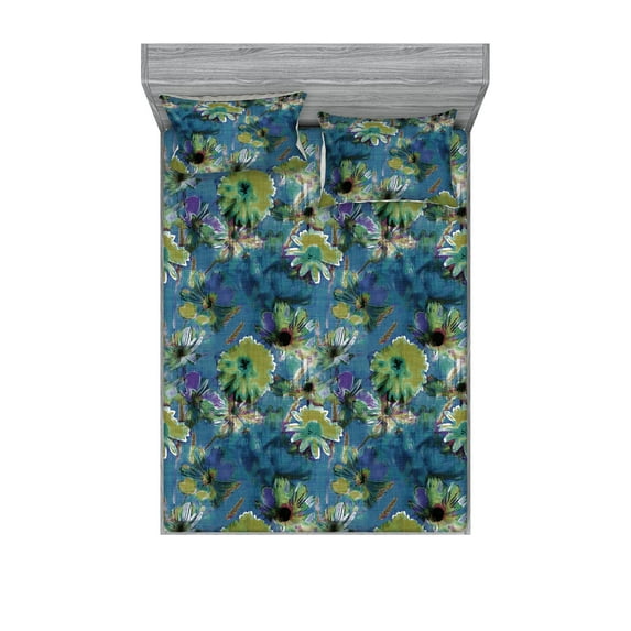 Flowers Vintage Fitted Sheet & Pillow Sham Set, Watercolor Drawn Aster and Peony Pattern with Grunge Vibes, Decorative Printed 3 Piece Bedding Decor, King, Dark Sky Blue Apple Green, by Ambesonne