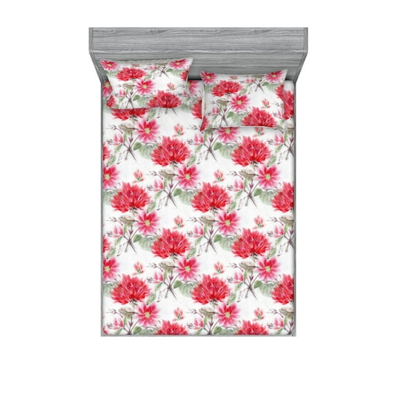 Flowers Vintage Fitted Sheet & Pillow Sham Set, Watercolor Garden Scene Floral Design with Leaves Greenery Art, Decorative Printed 3 Piece Bedding Decor, Queen, Reseda Green Dark Pink, by Ambesonne
