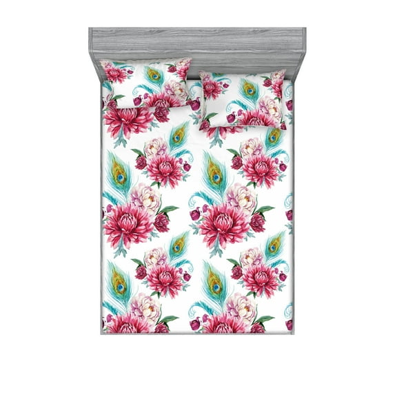 Flowers Vintage Fitted Sheet & Pillow Sham Set, Watercolor Style Drawn Chrysanthemum and Peacock Feathers Print, Decorative Printed 3 Piece Bedding Decor, Queen, Almond Green Dark Pink, by Ambesonne