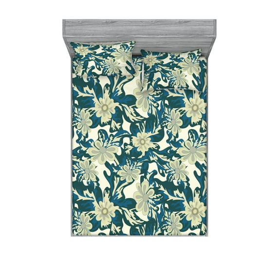 Flowers Vintage Fitted Sheet & Pillow Sham Set, Wild Nature Jungle Boho Inspired Japanese Style Floral Pattern Art, Decorative Printed 3 Piece Bedding Decor, King, Avocado Green Cream, by Ambesonne