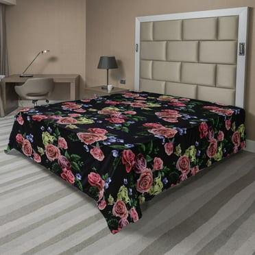 Flowers Vintage Flat Sheet, Delicate Roses with Leaves Greenery in Dark Jungle Colors Print, Soft & Comfy Top Sheet Decorative Bedding 1 Piece, California King, Pistachio Green Blush, by Ambesonne