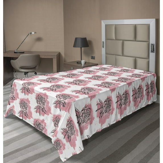 Flowers Vintage Flat Sheet, Linear Style Rose Sketch with Grunge Brush Strokes Back Art, Soft Comfortable Top Sheet Decorative Bedding 1 Piece, TwinXL Size, Pastel Pink Charcoal Grey, by Ambesonne