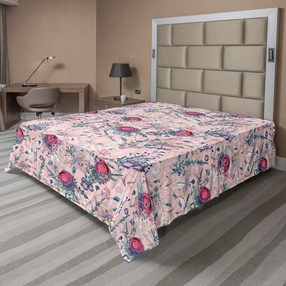 Ambesonne Flowers Vintage Flat Bedding Sheet Soft Top Sheet, Romantic Boho Bloom, California King, Pale Pink Dark Coral