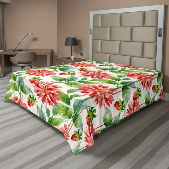 Ambesonne Flowers Vintage Flat Bedding Sheet Soft Top Sheet, Dahlia Pattern Leaf, King, Dark Pink Fern Green