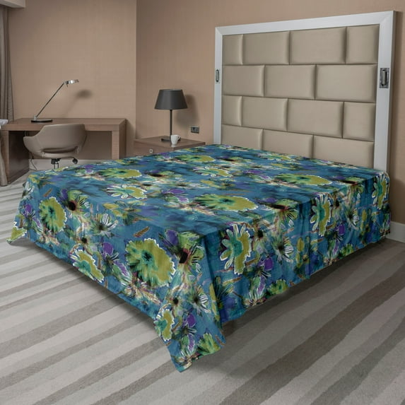 Ambesonne Flowers Vintage Flat Bedding Sheet Soft Top Sheet, Peony Pattern Aster, Queen, Dark Sky Blue Apple Green