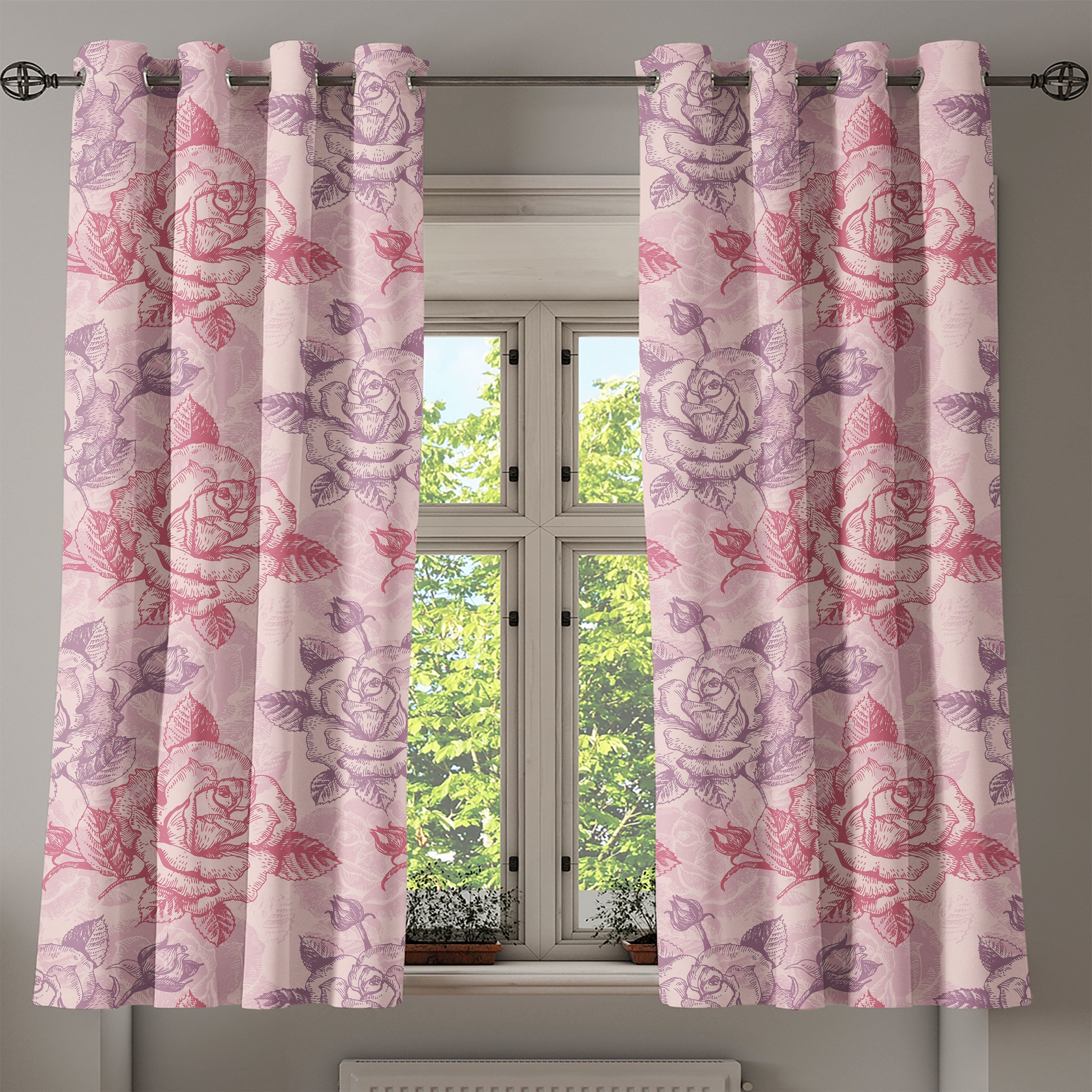 Flowers Vintage Grommet Curtain, Sketch Style Rose Pattern Romantic ...