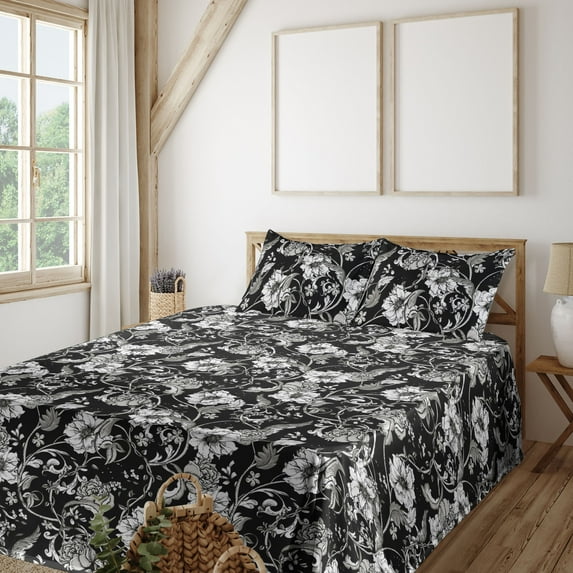 Ambesonne Flowers Vintage Fitted & Flat Sheet with Sham 3 Pcs Set, Bohemian Garden Art, Twin XL, Charcoal Grey White