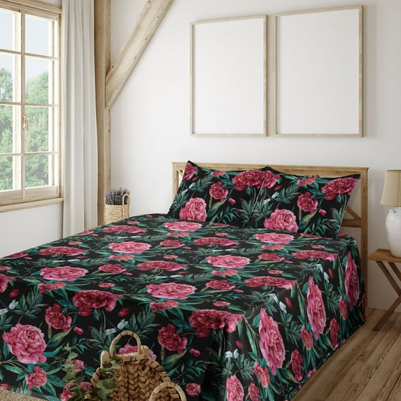 Ambesonne Flowers Vintage Fitted & Flat Sheet with Shams 4 Pcs Set, Woods Peony Pattern, Calking, Hot Pink and Jade Green