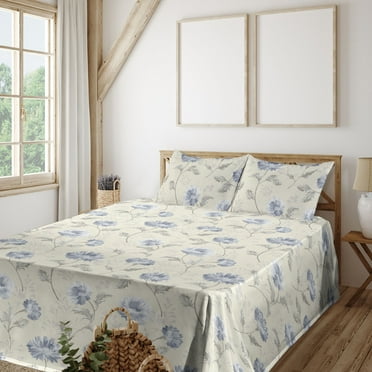 Flowers Vintage Sheet Set, Neutral Colors Boho Springtime Garden Scene Floral Design Art, Fitted & Flat Sheet with Pillowcase Bedding Accent 4 Pcs Set, King, Pale Ceil Blue Pale Grey, by Ambesonne