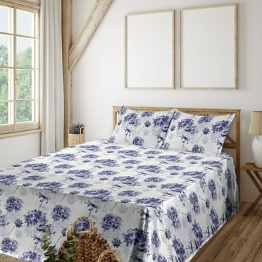 Flowers Vintage Sheet Set, Romantic and Nostalgic Pattern of Delicate Hydrangea Flowers, Fitted & Flat Sheet with Pillowcase Bedding Accent 4 Pcs Set, King, Dark Lavender Ceil Blue, by Ambesonne