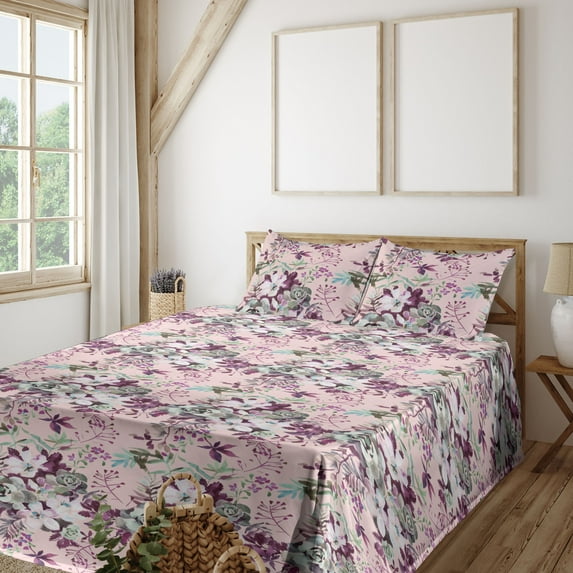 Ambesonne Flowers Vintage Fitted & Flat Sheet with Shams 4 Pcs Set, Romantic Floral, King, Laurel Green and Eggplant