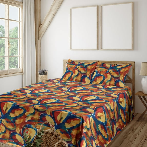 Ambesonne Flowers Vintage Fitted & Flat Sheet with Shams 4 Pcs Set, Simple Brush Art, Calking, Mustard Dark Pink