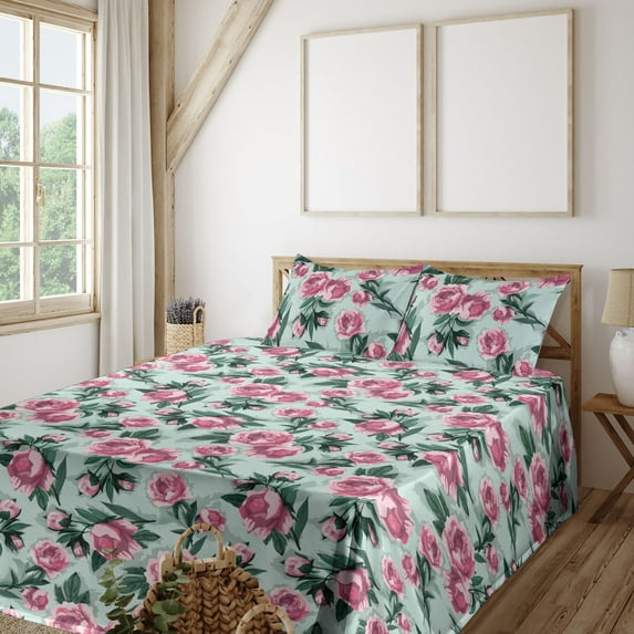 Ambesonne Flowers Vintage Fitted & Flat Sheet with Shams 4 Pcs Set, Vintage Feels Roses, Full, Almond Green Magenta Teal