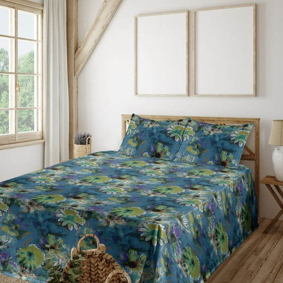 Ambesonne Flowers Vintage Fitted & Flat Sheet with Shams 4 Pcs Set, Peony Pattern Aster, King, Dark Sky Blue Apple Green