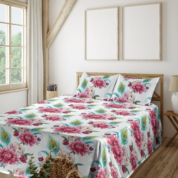 Ambesonne Flowers Vintage Fitted & Flat Sheet with Shams 4 Pcs Set, Chrysanthemum Print, Queen, Almond Green Dark Pink