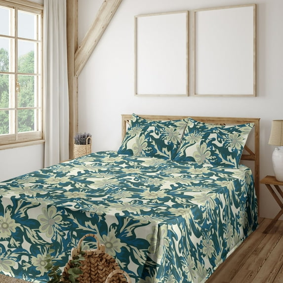 Ambesonne Flowers Vintage Fitted & Flat Sheet with Sham 3 Pcs Set, Wild Jungle Boho, Twin XL, Avocado Green Cream