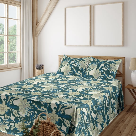 Ambesonne Flowers Vintage Fitted & Flat Sheet with Sham 3 Pcs Set, Wild Jungle Boho, Twin XL, Avocado Green Cream