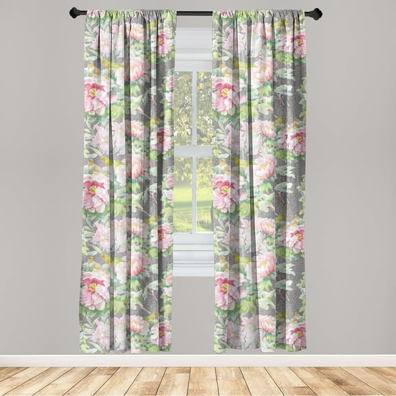 Flowers Vintage Window Curtains, Blooming Floral Design with Leaves Greenery and Birds Print, Lightweight Decor 2-Panel Set with Rod Pocket, Pair of - 28"x84", Pale Pink Pistachio Green, by Ambesonne