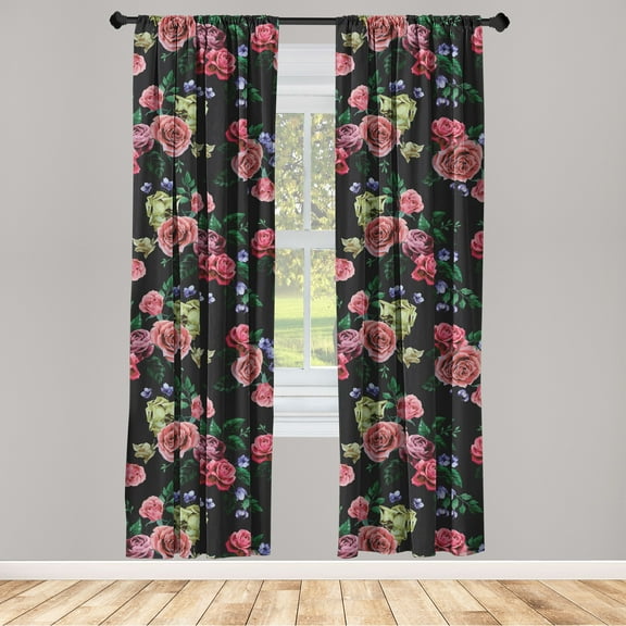 Flowers Vintage Window Curtains, Delicate Roses with Leaves Greenery in Dark Jungle Colors Print, Lightweight Decor 2-Panel Set with Rod Pocket, Pair of - 28"x63", Pistachio Green Blush, by Ambesonne