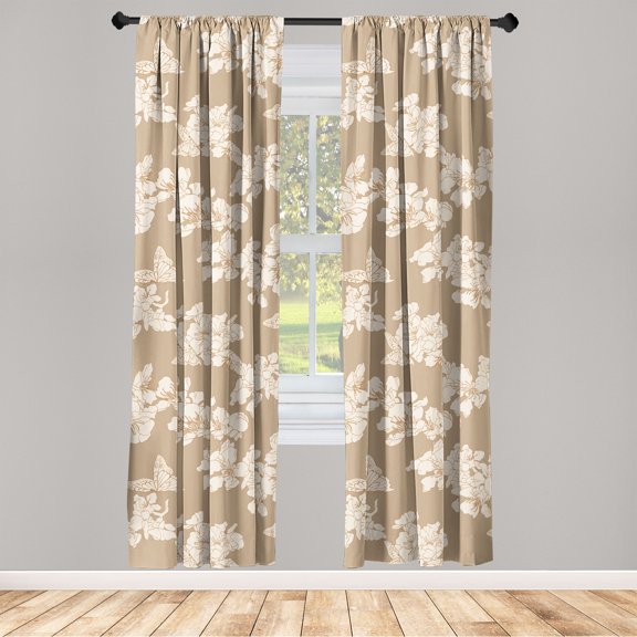 Flowers Vintage Window Curtains, Floral Design Garden Scene Minimalist Boho Artwork Earthy Tones, Lightweight Decor 2-Panel Set with Rod Pocket, Pair of - 28"x63", Eggshell Pastel Brown, by Ambesonne