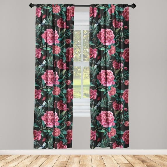 Flowers Vintage Window Curtains, Jungle Boho Inspired Peony Pattern with Leaves Greenery Print, Lightweight Decor 2-Panel Set with Rod Pocket, Pair of - 28"x84", Hot Pink and Jade Green, by Ambesonne