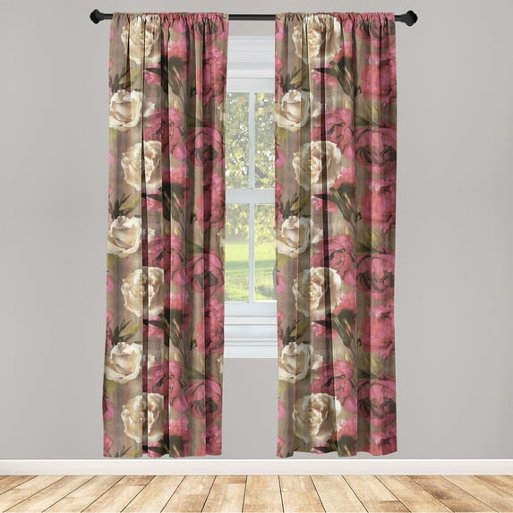 Flowers Vintage Window Curtains, Nostalgic Peony and Rose Pattern Jungle Boho Vibes Romantic Pattern, Lightweight Decor 2-Panel Set with Rod Pocket, Pair of - 28"x84", Hot Pink Champagne, by Ambesonne