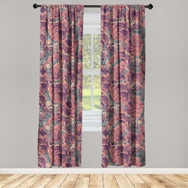 Flowers Vintage Window Curtains, Overlapping Melancholic Floral Boho Pattern with Leaves Print, Lightweight Decor 2-Panel Set with Rod Pocket, Pair of - 28"x63", Dark Teal Pale Ruby Plum, by Ambesonne