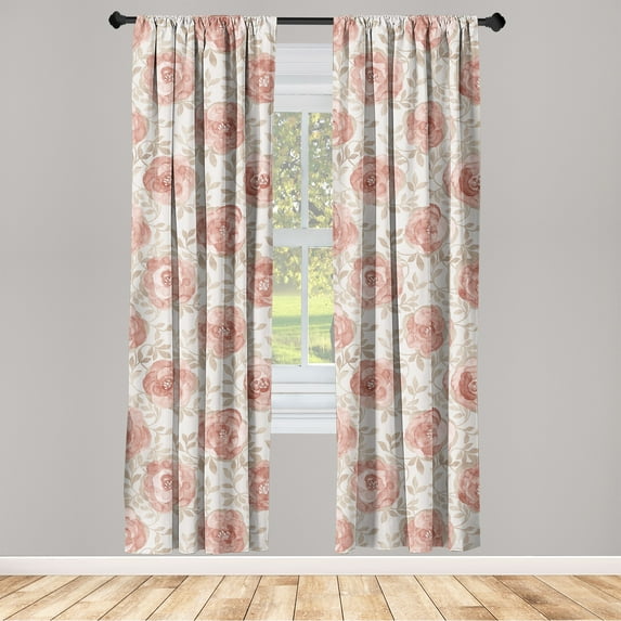 Flowers Vintage Window Curtains, Repetitive Bohemian Rose Pattern With Leaves Greenery Garden Art, Lightweight Decor 2-Panel Set with Rod Pocket, Pair of - 28"x95", Pale Rose Eggshell, by Ambesonne