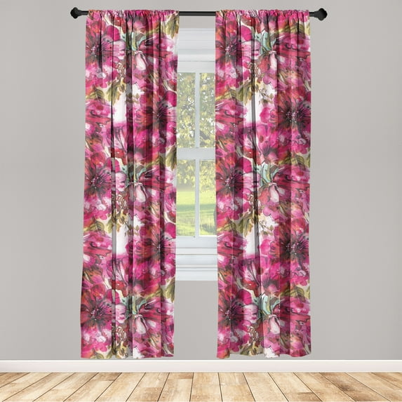 Flowers Vintage Window Curtains, Romance Feels Hibiscus Drawing Pattern with Leaves Greenery Print, Lightweight Decor 2-Panel Set with Rod Pocket, Pair of - 28"x95", Hot Pink Olive Green, by Ambesonne