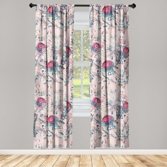 Flowers Vintage Window Curtains, Romantic Spring Theme Floral Boho Scene with Dragonfly and Leaves, Lightweight Decor 2-Panel Set with Rod Pocket, Pair of - 28"x63", Pale Pink Dark Coral, by Ambesonne