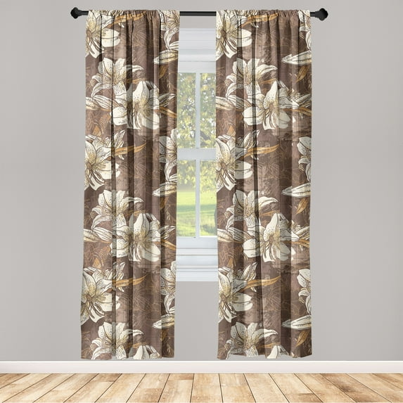 Flowers Vintage Window Curtains, Tropical Jungle Boho Inspired Lily Pattern on Grunge Back, Lightweight Decor 2-Panel Set with Rod Pocket, Pair of - 28"x63", Dark Rosewood and Champagne, by Ambesonne