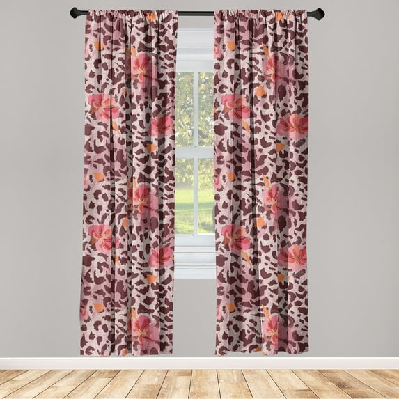 Flowers Vintage Window Curtains, Wild Life Blooming Flora and Leopard Skin Pattern Print Boho, Lightweight Decor 2-Panel Set with Rod Pocket, Pair of - 28"x63", Rose Dark Coral Vermilion, by Ambesonne
