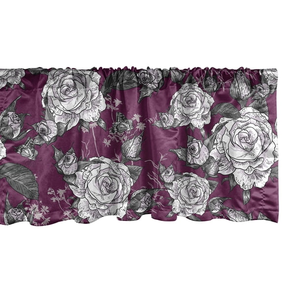 Flowers Vintage Window Valance, Engraved Look Drawing Rose Pattern with Petals Romantic Artwork, Curtain Valance for Kitchen Bedroom with Rod Pocket, 54" X 18", Dark Magenta Off White, by Ambesonne