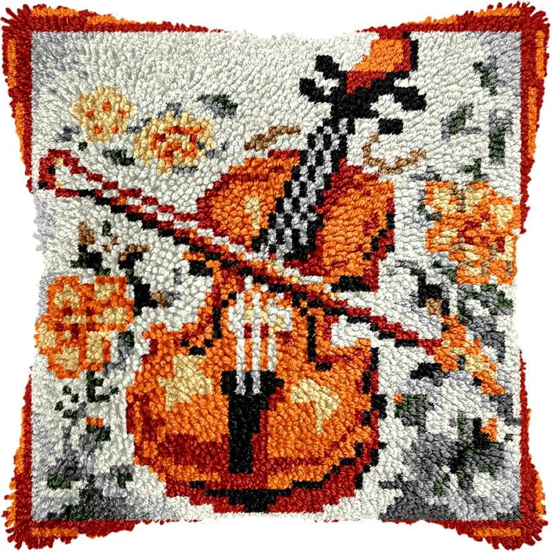 Flowers Violin Latch Hook Pillow Kits Pillow Cover with Pattern Printed Canvas Sofa Hooking Pillowcase Cushion Crafts Embroidery Latch Hooking Crochet Starter Kits 17x17 inch(1)