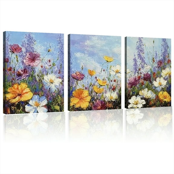 Flowers Wall Art Canvas Daisy Colorful 3d Textured Picture Landscape Wildflowers Painting, Purple Yellow Floral Artwork Large Framed for Living Room Bedroom Bathroom Office Home Decor 12x16x3pcs