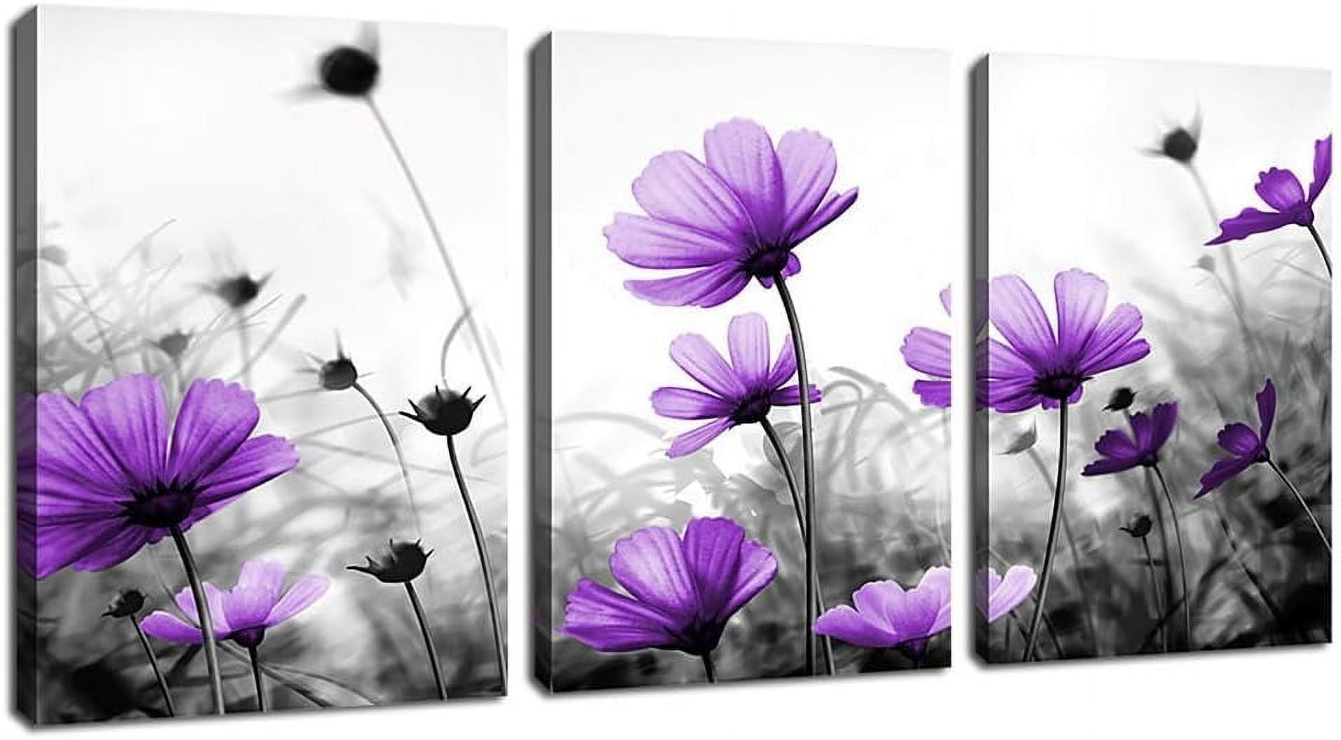 Flowers Wall Art Canvas Pictures Purple Wildflowers Black and