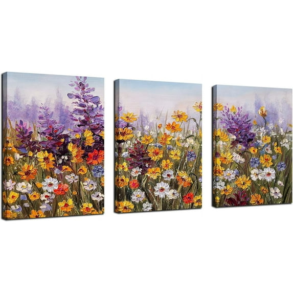 Flowers Wall Art Daisy Colorful Canvas Floral Pictures Spring Purple Painting, Landscape Artwork Framed for Living Room Bedroom Bathroom Dinning Room Kitchen Office Home Decor 12"x16"x3 Panels