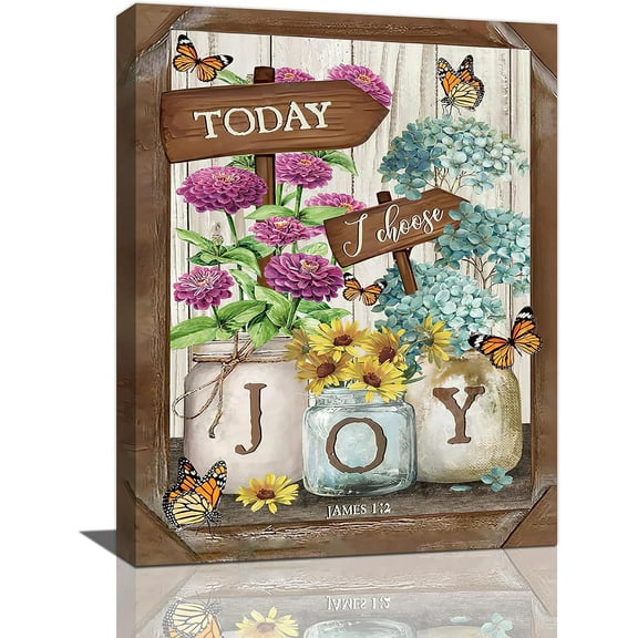 Flowers Wall Art Farmhouse Floral in Mason Vase Bathroom Pictures Wall Decor Rustic Butterfly Canvas Painting Prints I Choose Joy Country Framed Artwork for Bathroom Bedroom Living Room 12"x16"